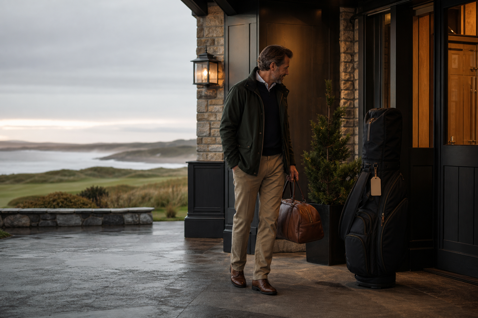 A golfer arriving at a coastal golf resort with a golf travel bag waiting near the entrance